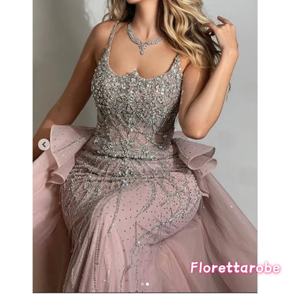 Customized Luxury Pink Spaghetti Strap Mermaid Beaded Prom Dresses with Overskirt Formal Party Gowns for Women Evening Dresses