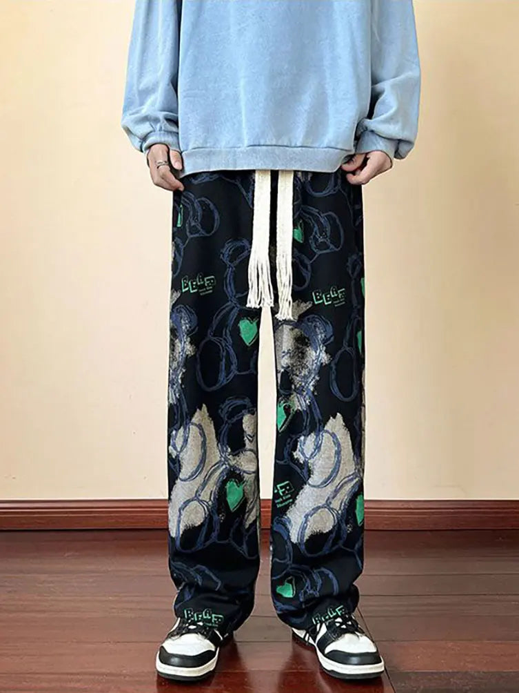 Fashion Y2k Print Wide leg Baggy Pants Men Korean Designer Student Streetwear Straight Long Trousers Casual Sport Hip hop 2023