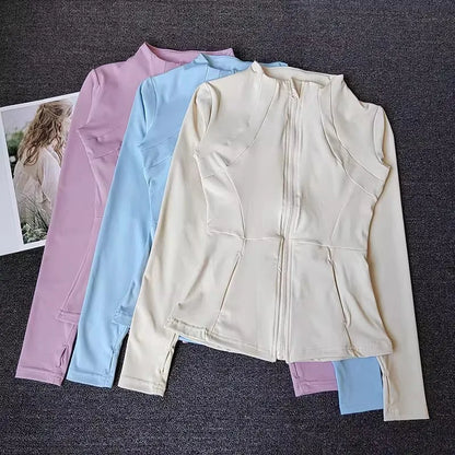 Women's Slim Fit Long Sleeve Sports Jacket Zip Fitness Yoga Workout Jacket Slim Tight Gym ActiveWear Top Running Jacket