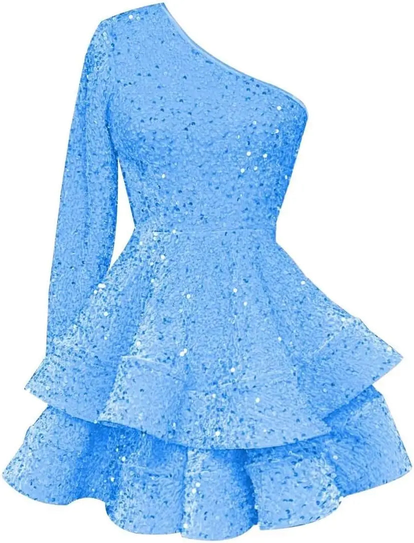 Long Sleeve Velvet Sequin Homecoming Dresses Teens Sparkly One Shoulder Short Prom Dress Layered Cocktail Party Graduation Dress