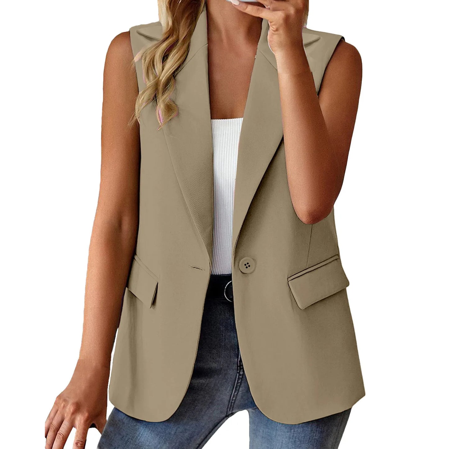 Women's Sleeveless Blazers Solid Color Cardigan Suit Casual Lapel Slim Fit Vest With Pockets Elegant For Women Chic Office Lady