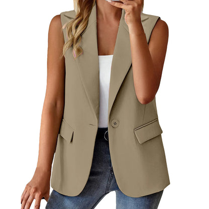 Women's Sleeveless Blazers Solid Color Cardigan Suit Casual Lapel Slim Fit Vest With Pockets Elegant For Women Chic Office Lady