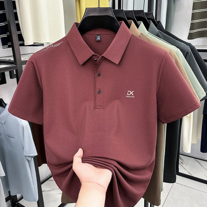 Mens Vertical Fine Rib Short Sleeve Polo Shirts Minimal Chest Embroidery Anti Crease Soft Comfort Daily Business Shirts
