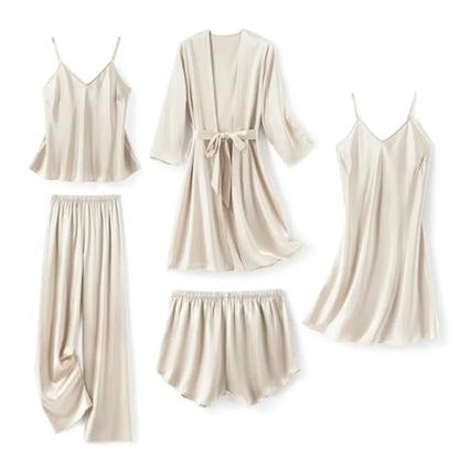 SAPJON Silk Pajamas for Women 5Pcs Sleepwear Loungewear Satin Robe Cami Shorts Pj Set