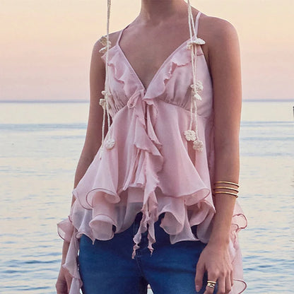 Y2k Cute Pink Ruffle Chiffon Cami Top Sexy V-neck Vest Tiered Flowy Sleeveless Blouse 2026 Summer New Casual Women's Clothing