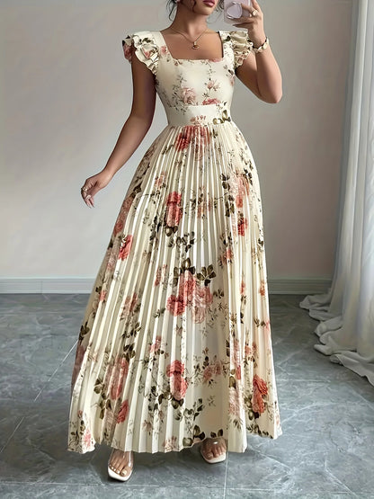 Elegant Beige Floral Pleated Dress