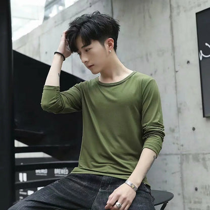 Business Style Long Sleeve T-Shirt for Men Loose Fit Thin Cotton Top Youth Version Bottom Shirt for Work Autumn Wear