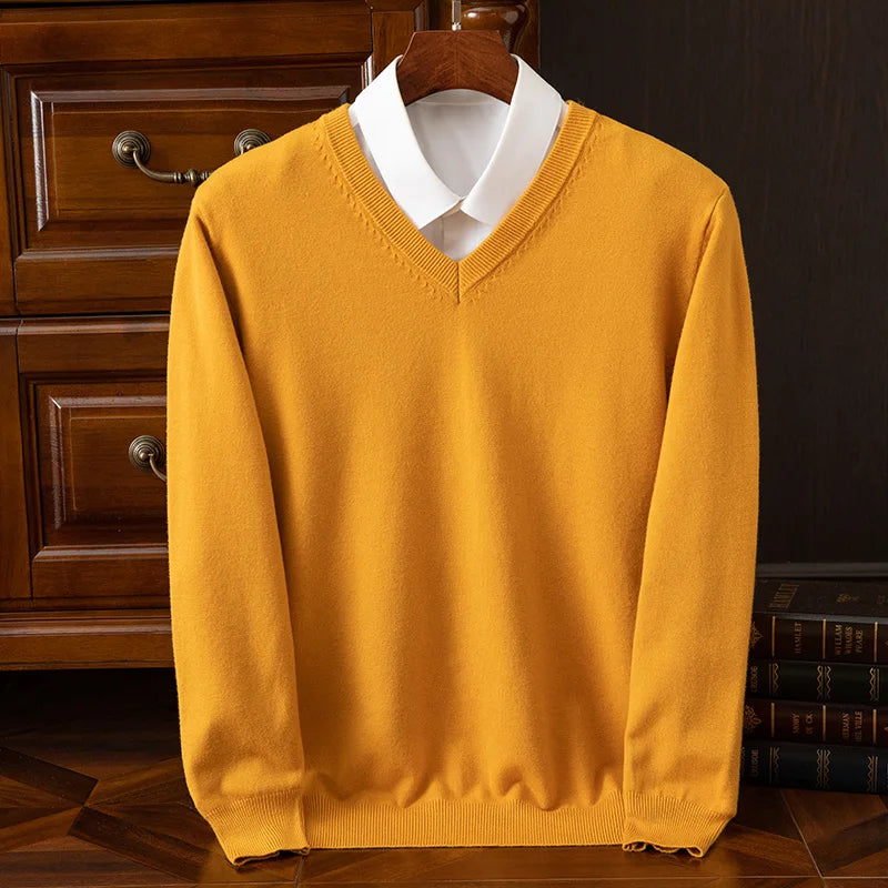 Autumn Winter Basic Merino Wool V-neck Sweater Men's Fashionable Casual Business Knitwear Cashmere Pullover Clothing Tops