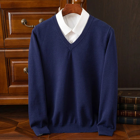 Autumn Winter Basic Merino Wool V-neck Sweater Men's Fashionable Casual Business Knitwear Cashmere Pullover Clothing Tops
