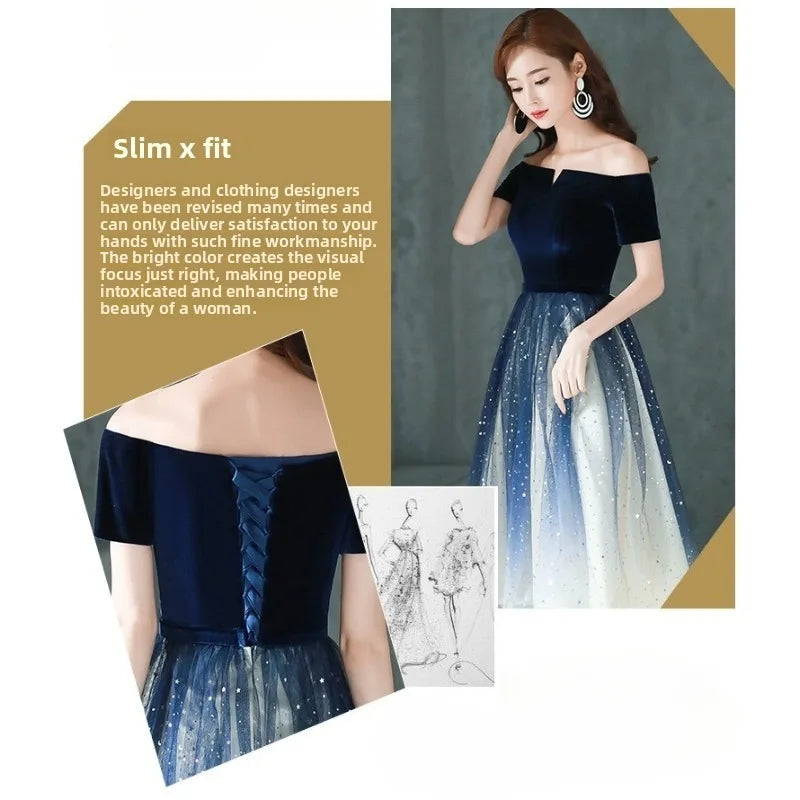 2026 Summer Women's New High Quality Luxury Black Glitter Host Performance One Shoulder Banquet Slimming Evening Dress