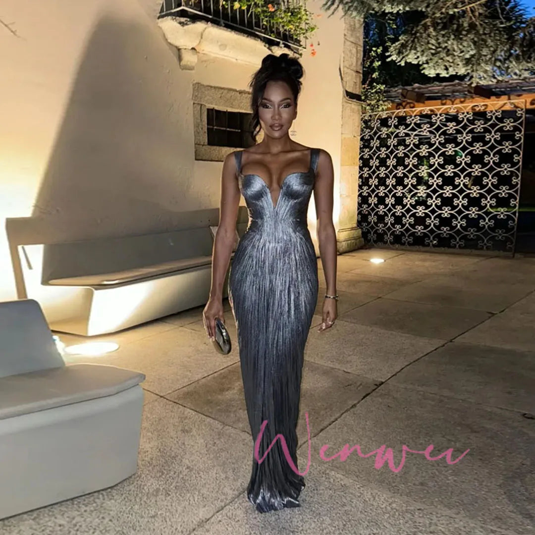 Pretty Wisher Customized Simple Spaghetti Strap Evening Dress Front Split Wedding Guest Gown Pleated Sliver Long Prom Dress