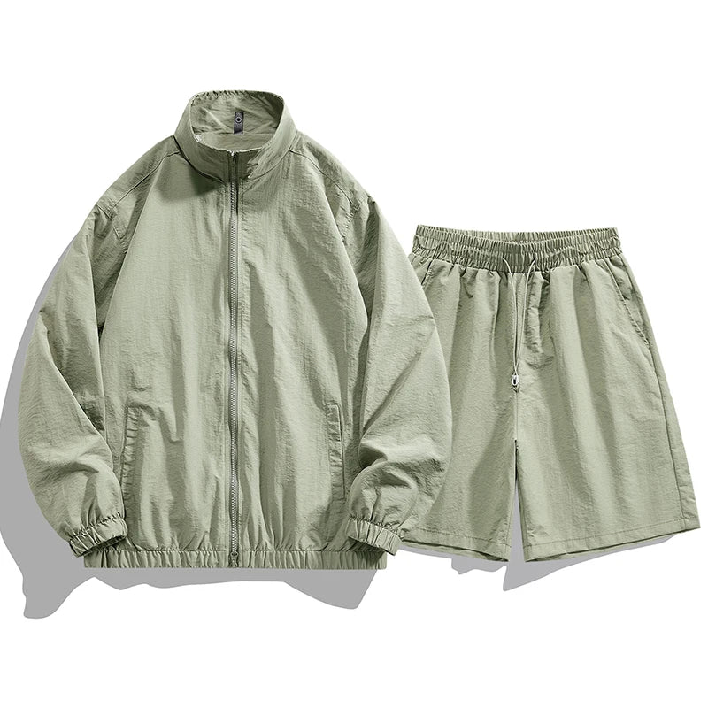 Summer Fashion Lightweight Breathable Sports and Leisure Set Outdoor Running Fitness UV Resistant Jacket Five Inch Shorts Set