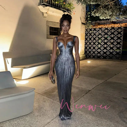 Pretty Wisher Customized Simple Spaghetti Strap Evening Dress Front Split Wedding Guest Gown Pleated Sliver Long Prom Dress