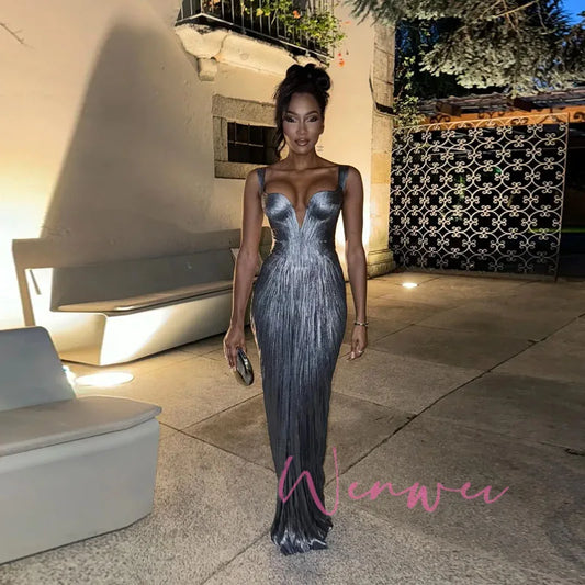 Pretty Wisher Customized Simple Spaghetti Strap Evening Dress Front Split Wedding Guest Gown Pleated Sliver Long Prom Dress