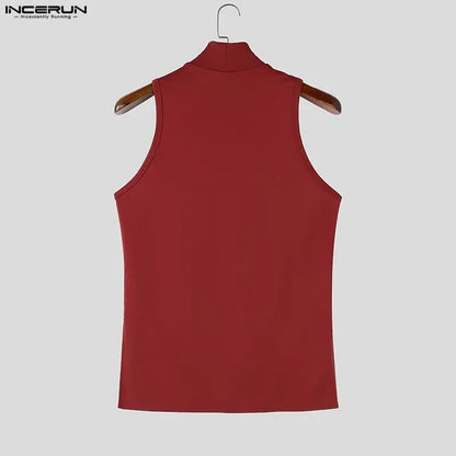 INCERUN Men Tank Tops Mesh Patchwork Turtleneck Zipper See Through Sleeveless Men Clothes Streetwear Irregular Tops Male Vests
