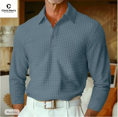 Men's Waffle Knit Long Sleeve Polo Shirt, Solid Textured Casual Golf Shirt, Breathable Pullover for Business & Daily