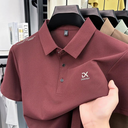 Mens Vertical Fine Rib Short Sleeve Polo Shirts Minimal Chest Embroidery Anti Crease Soft Comfort Daily Business Shirts