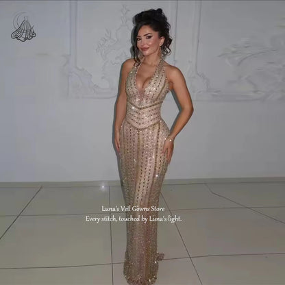 LunaV Golden Beaded Halter Sheath Long Evening Dress For Women Illusion Sleeveless Party Gown Customized Gorgeous Prom Dress