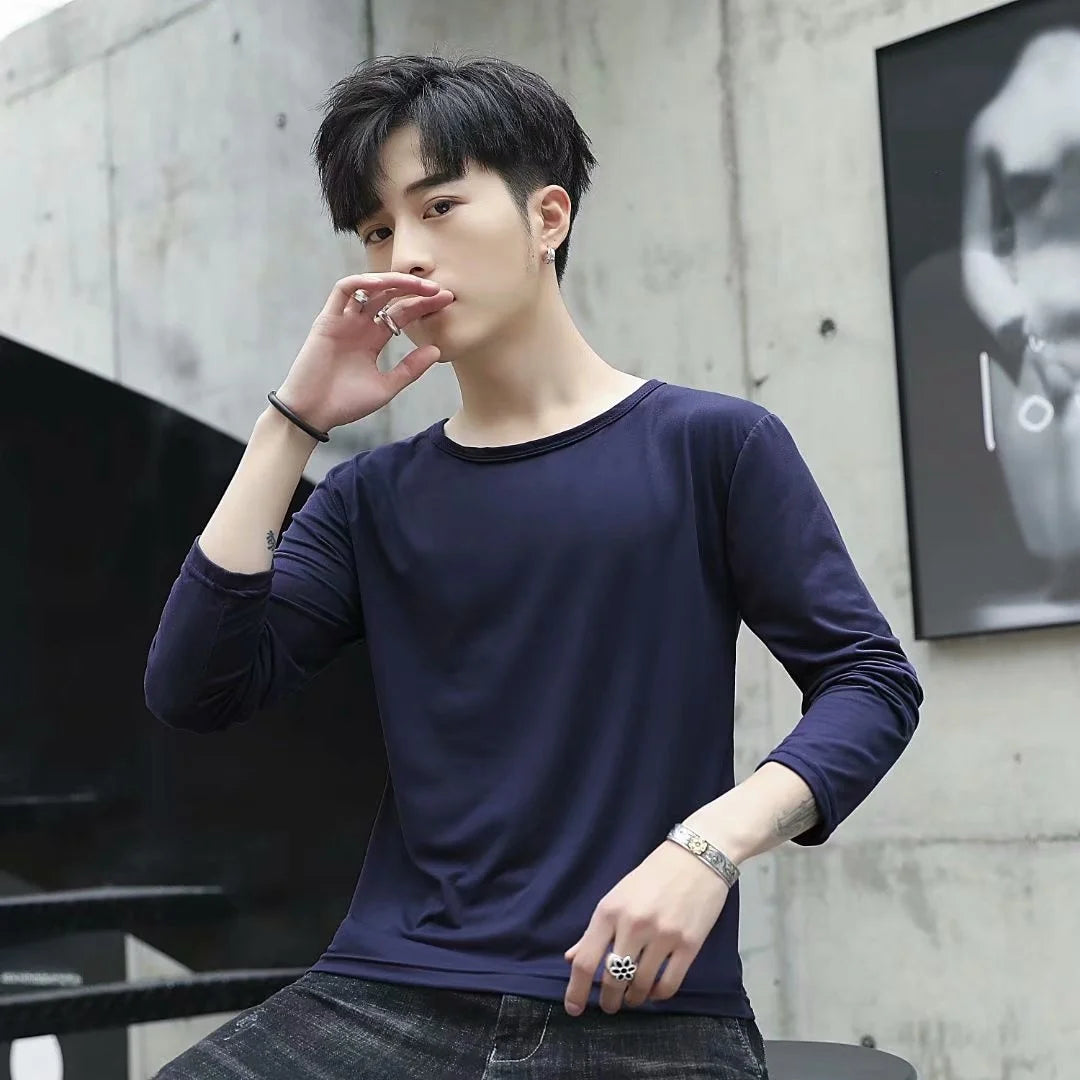 Business Style Long Sleeve T-Shirt for Men Loose Fit Thin Cotton Top Youth Version Bottom Shirt for Work Autumn Wear