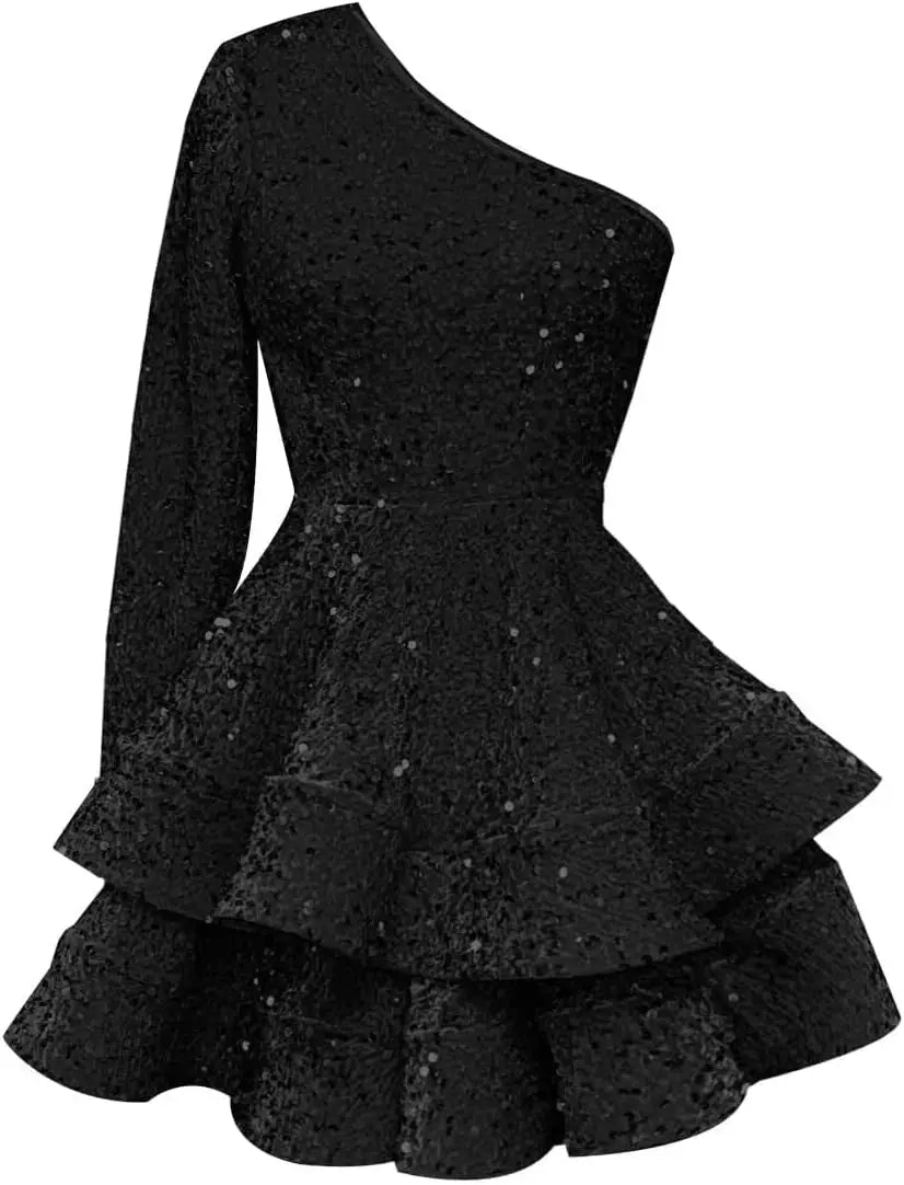 Long Sleeve Velvet Sequin Homecoming Dresses Teens Sparkly One Shoulder Short Prom Dress Layered Cocktail Party Graduation Dress
