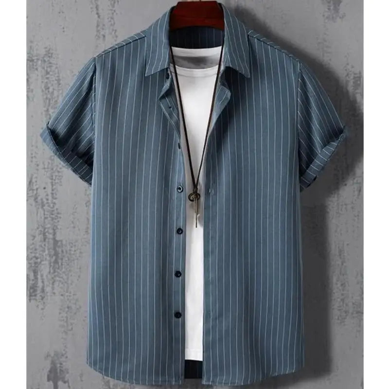 Alternating Striped Man Shirt Summer Minimalist Shirts Beach Casual Style Short Sleeved White  Shirt Men's Hawaii Vacation Tops