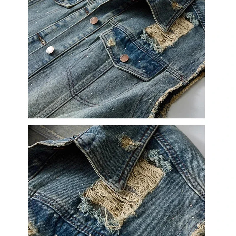 Blue Men's Ripped Sleeveless Denim Jacket, Single Breasted Loose Vintage Old Vest Coat, 2025 New