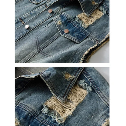 Blue Men's Ripped Sleeveless Denim Jacket, Single Breasted Loose Vintage Old Vest Coat, 2025 New