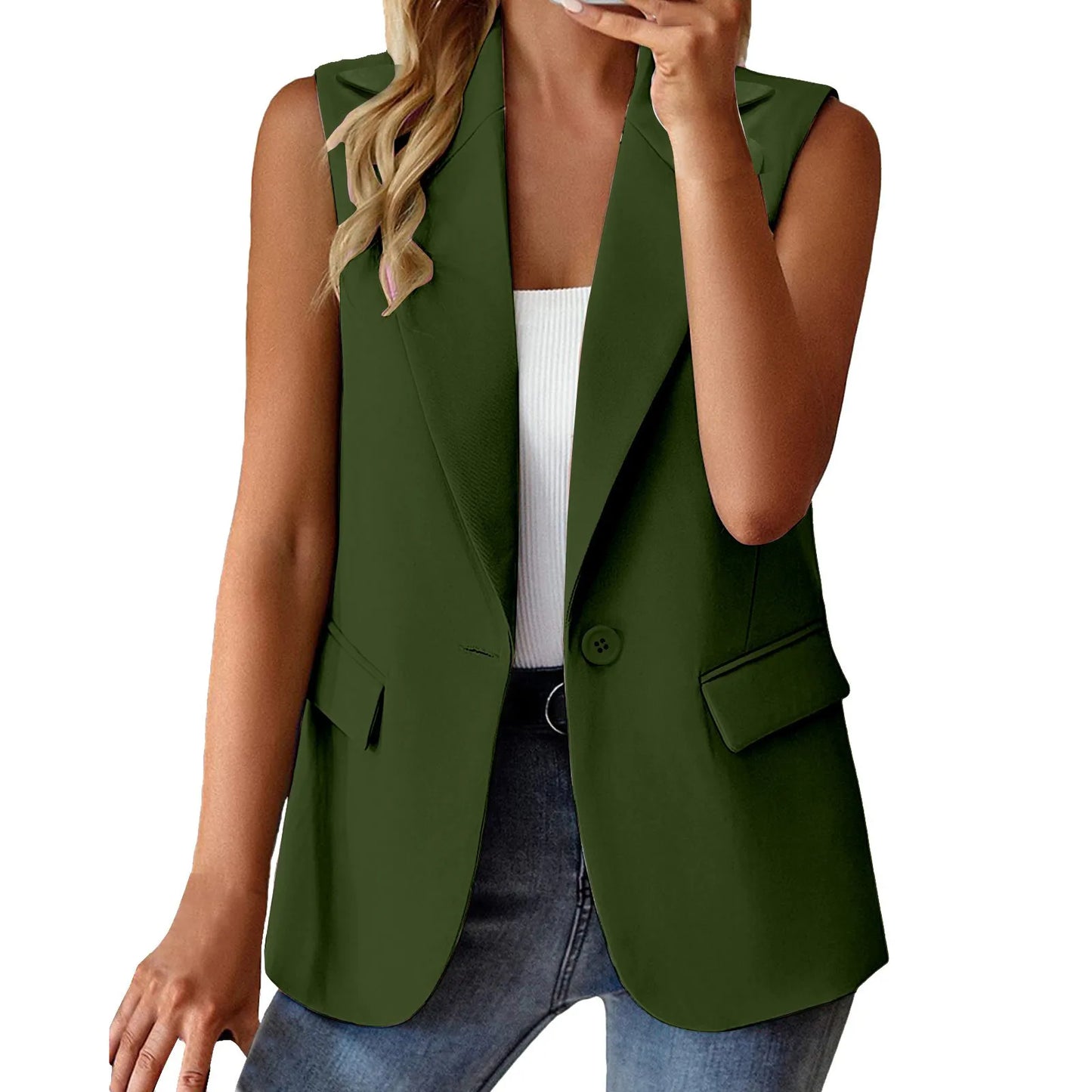 Women's Sleeveless Blazers Solid Color Cardigan Suit Casual Lapel Slim Fit Vest With Pockets Elegant For Women Chic Office Lady