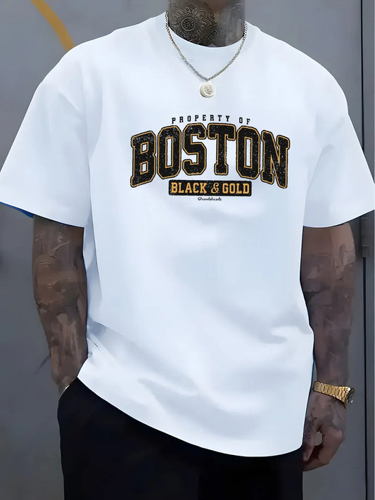 Men's summer 100 cotton fashionable casual loose plus size BOSTON pattern printed sports round neck short sleeved T-shirt top