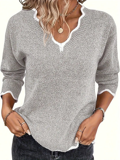 Women's Scalloped V Neck Long Sleeve Knit Sweater with Contrast Trim