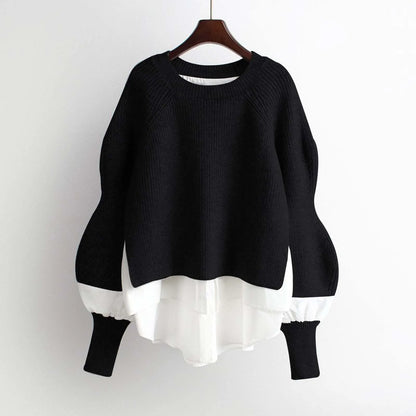 Patchwork Knit Pullover Sweaters for Women Lantern Sleeve Round Neck Warm Sweaters Polar Soft Sweater Top Autumn Winter Clothes