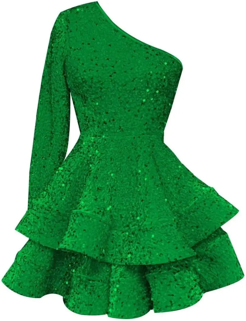Long Sleeve Velvet Sequin Homecoming Dresses Teens Sparkly One Shoulder Short Prom Dress Layered Cocktail Party Graduation Dress
