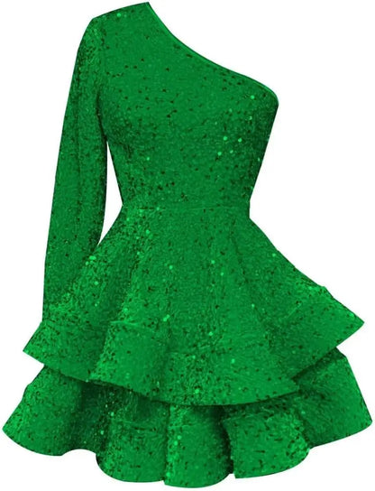 Long Sleeve Velvet Sequin Homecoming Dresses Teens Sparkly One Shoulder Short Prom Dress Layered Cocktail Party Graduation Dress