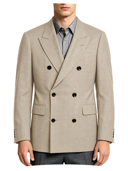 Men's Linen Blend Double Breasted Blazer Peak Lapel Breathable Wrinkle Resistant Business Suit Jacket For Wedding Daily Wear