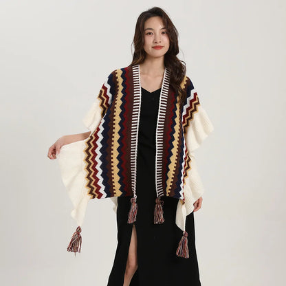 Women Spring Autumn Bohemia Shawl Lady Mohair Knitted Tassel Cardigan Retro Ethnic Wrap Striped Ruffled Scarf for Travel New in