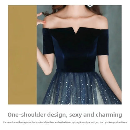 2026 Summer Women's New High Quality Luxury Black Glitter Host Performance One Shoulder Banquet Slimming Evening Dress