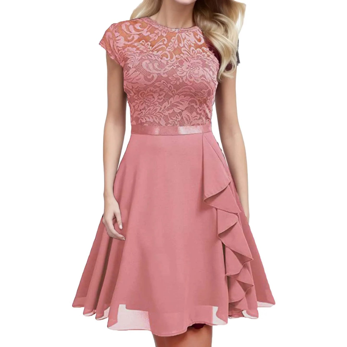 Ladies Casual Cocktail Dress With Waist Crew Neck Lace Short Sleeved Temperament Dresses Solid Formal Party Dresses Woman