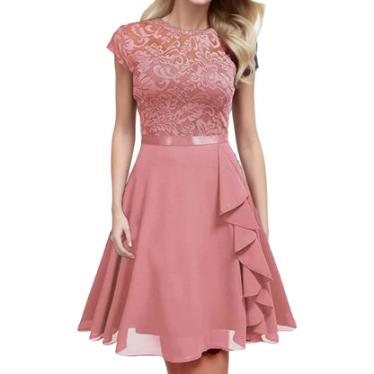 Ladies Casual Cocktail Dress With Waist Crew Neck Lace Short Sleeved Temperament Dresses Solid Formal Party Dresses Woman