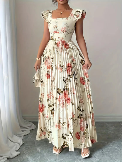 Elegant Beige Floral Pleated Dress