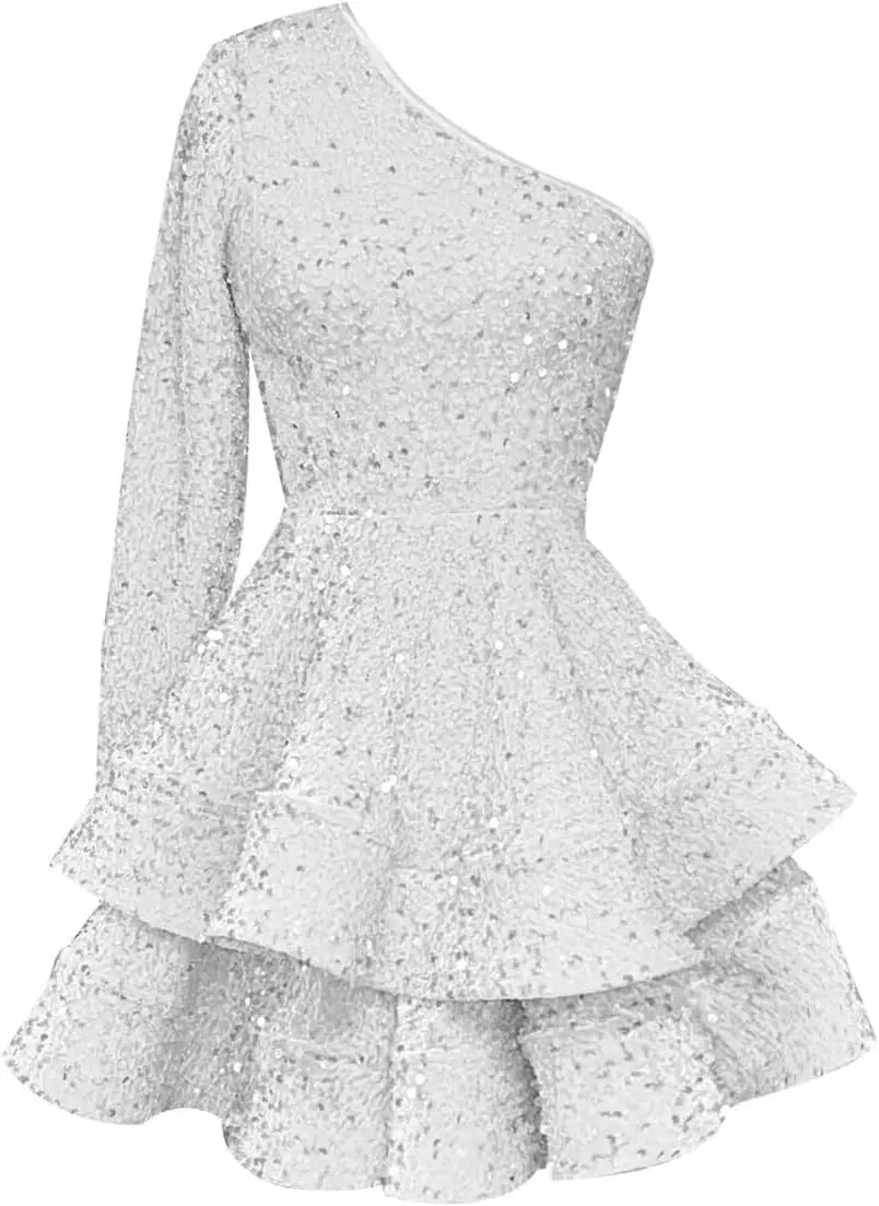 Long Sleeve Velvet Sequin Homecoming Dresses Teens Sparkly One Shoulder Short Prom Dress Layered Cocktail Party Graduation Dress