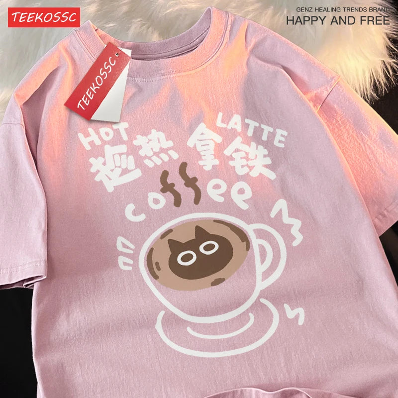 Hot Latte Coffee Cat Comedy Spring Cat Shoulder Drop Short Sleeve T-shirt Men Women Pure Cotton Japanese Style Couple T Shirts