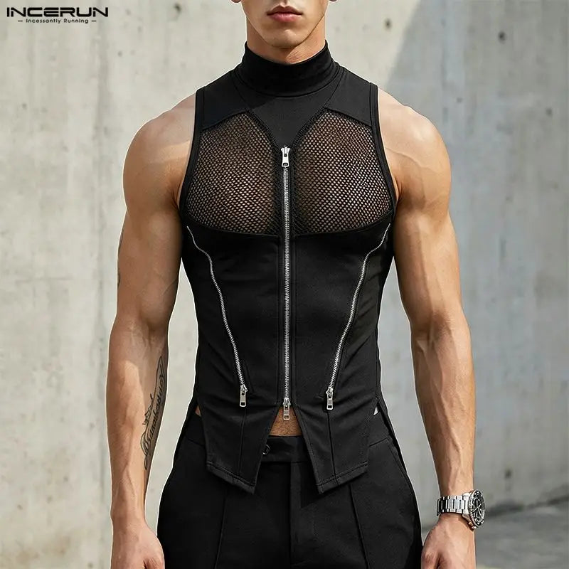 INCERUN Men Tank Tops Mesh Patchwork Turtleneck Zipper See Through Sleeveless Men Clothes Streetwear Irregular Tops Male Vests