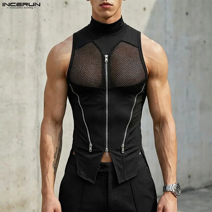 INCERUN Men Tank Tops Mesh Patchwork Turtleneck Zipper See Through Sleeveless Men Clothes Streetwear Irregular Tops Male Vests