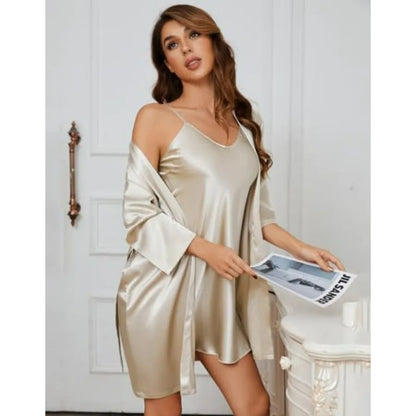 SAPJON Silk Pajamas for Women 5Pcs Sleepwear Loungewear Satin Robe Cami Shorts Pj Set