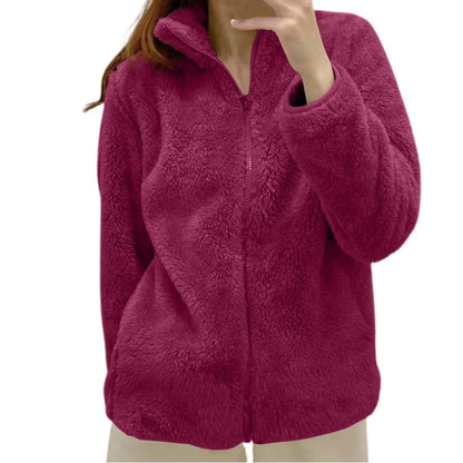 Women Casual Zip Up Fleece Jacket Solid Color Long Plush Polar Warm Zipper Outwears Female Gils Lamb Wool Jackets With Pockets