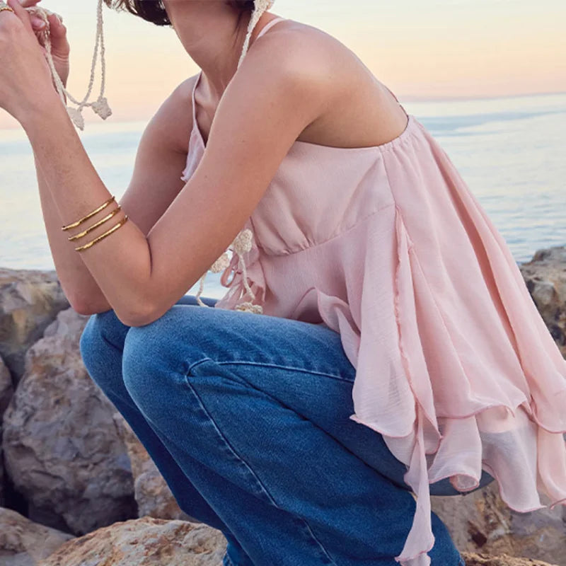 Y2k Cute Pink Ruffle Chiffon Cami Top Sexy V-neck Vest Tiered Flowy Sleeveless Blouse 2026 Summer New Casual Women's Clothing