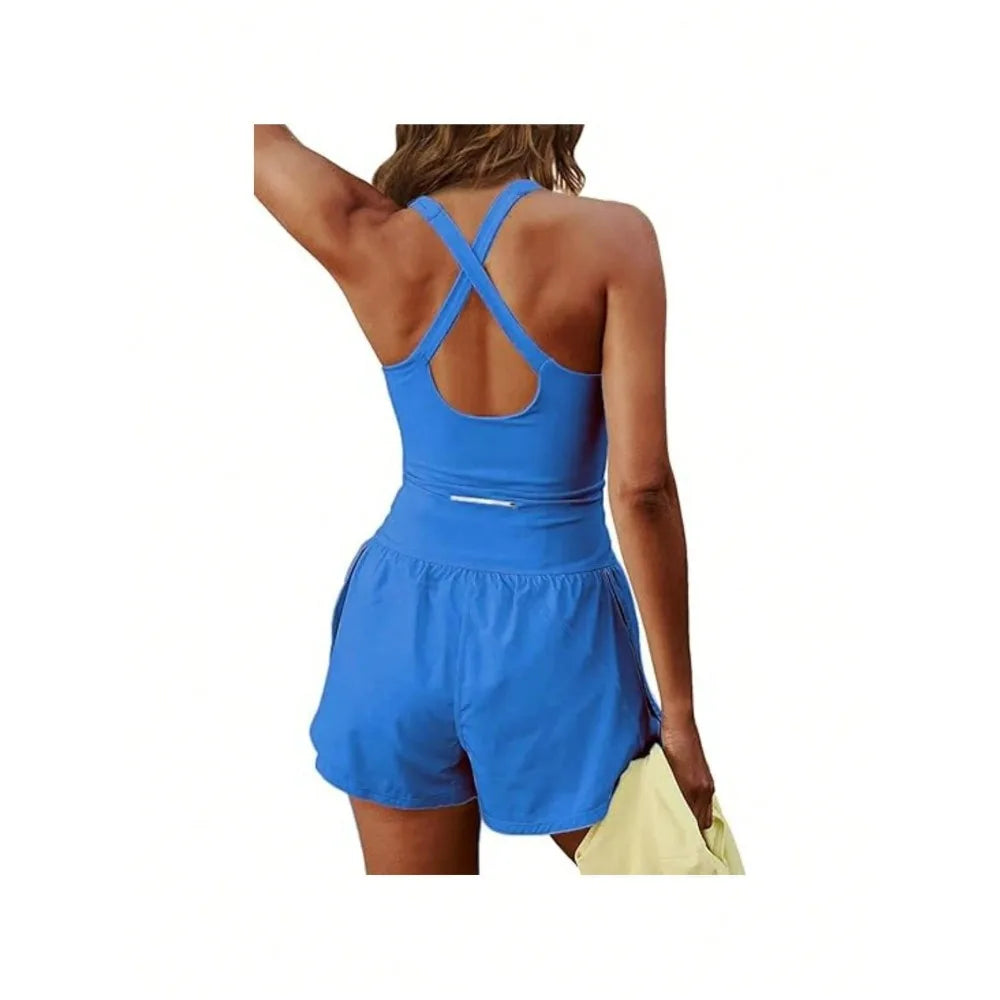 Women's Solid Color Back Waist V-Crossed Simple Casual Jumpsuit Gym Women Outfit Body Suit Womens Sexy Running One-Sie Workout Rompers One Piece Outfits Exercise Jumpsuits Sleeveless Athletic Tennis Romper Gym Yoga Clothes