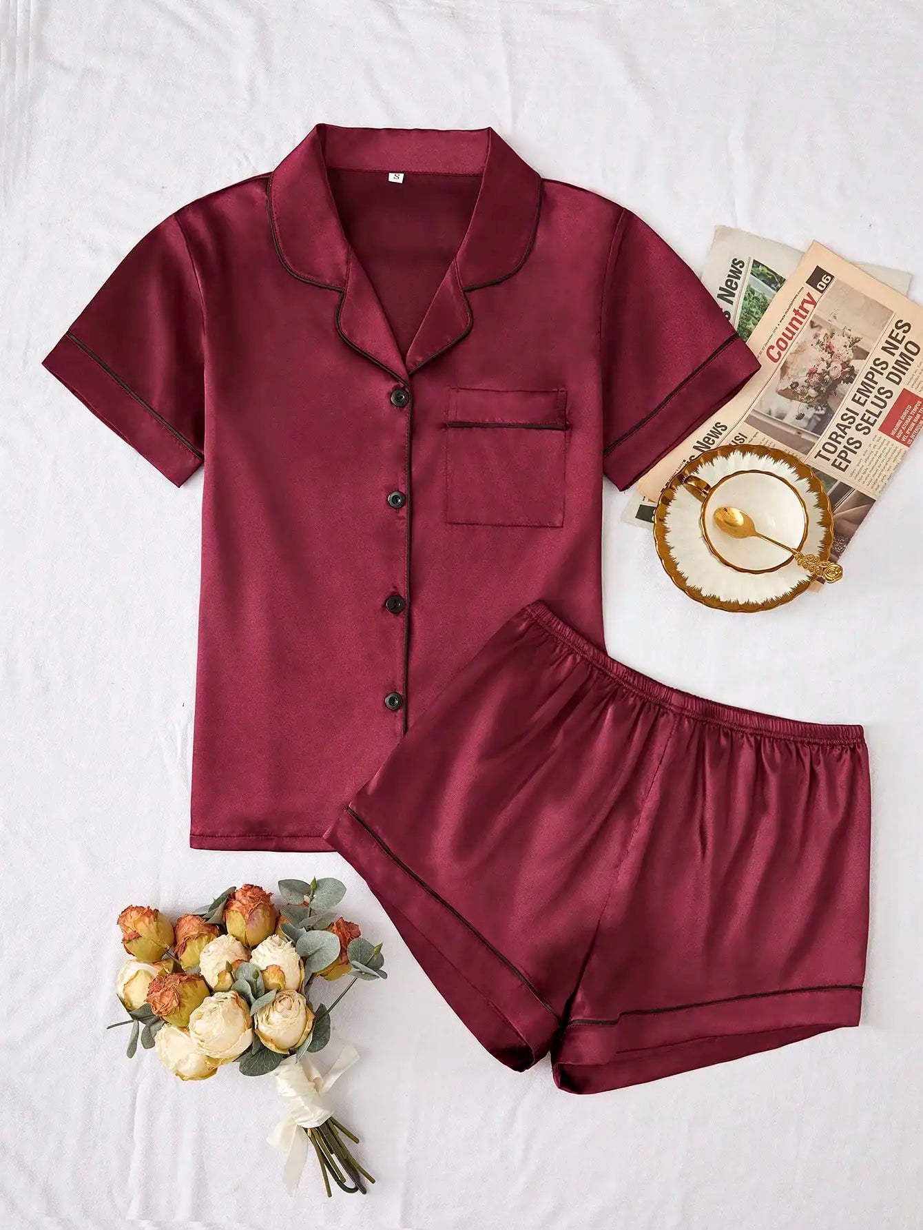 Women's Satin Pajama Set with Contrast Piping, Short Sleeve Button-Up Top & Shorts