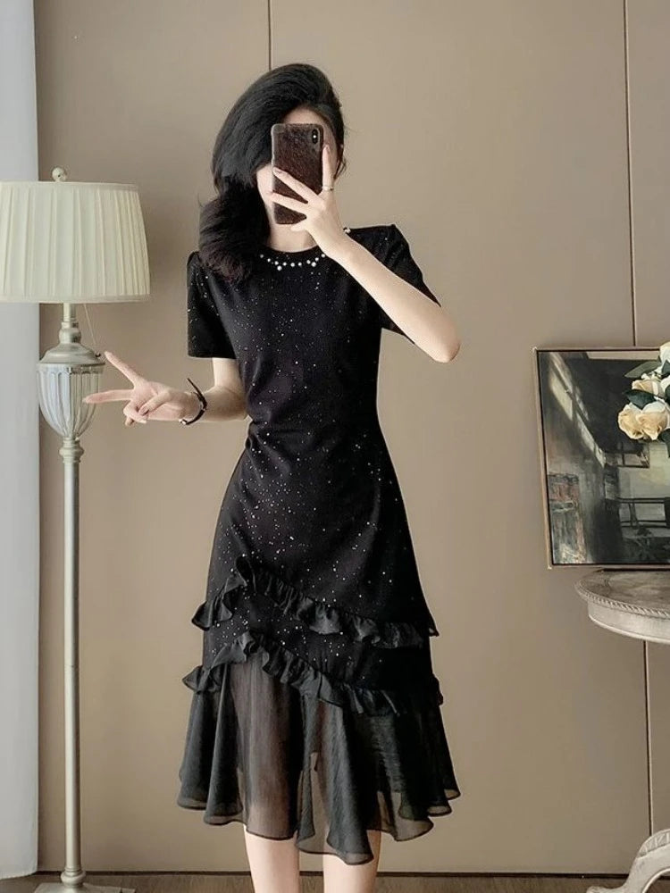 Women's Black Beaded Evening Dress 2026 Summer High Waist Slim Fit Mesh Panel Mermaid Hem Party Gown