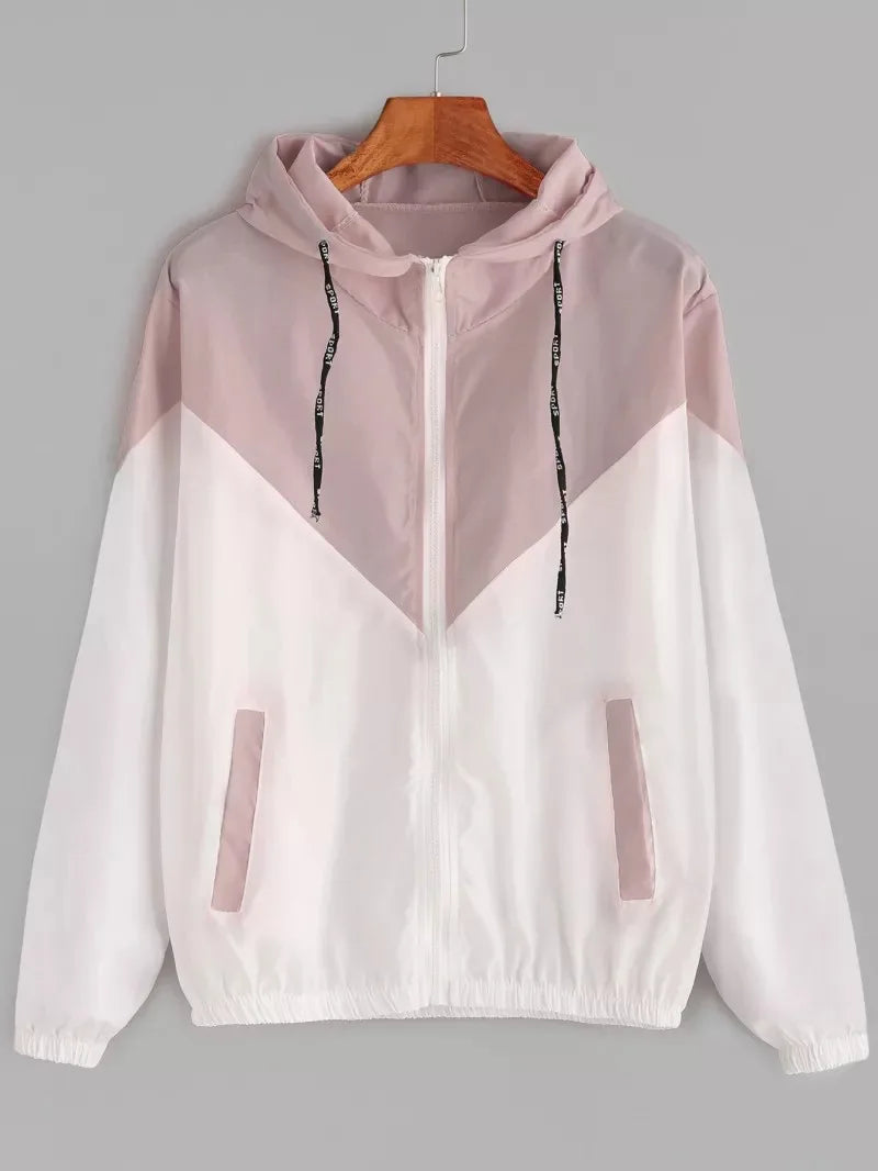 New Outdoor Jacket Coat Womens Long Sleeve Patchwork Thin Skin Suits Hooded Zip Stitching Outwear Coat Running Sport Jacket